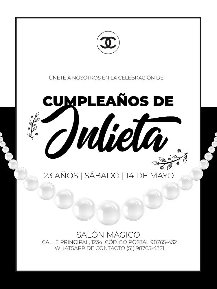 Invitación Adulto Femenino Chanel Negro y Blanco Floral – tema Cumpleaños Infantil floral, elegante, blanco y negro, chic, minimalista