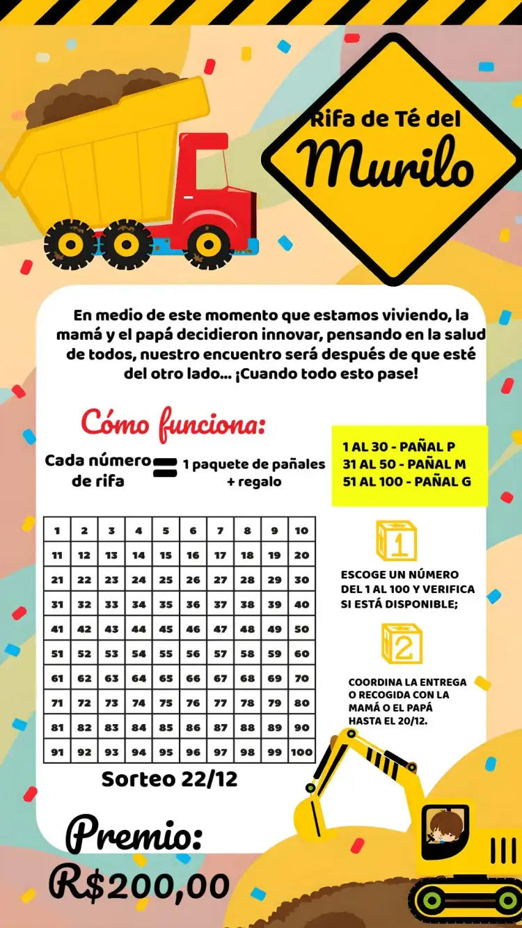 Invitación Té Rifa Construcción Tractor – tema Té Rifa construcción, divertido, colorido, moderno, infantil