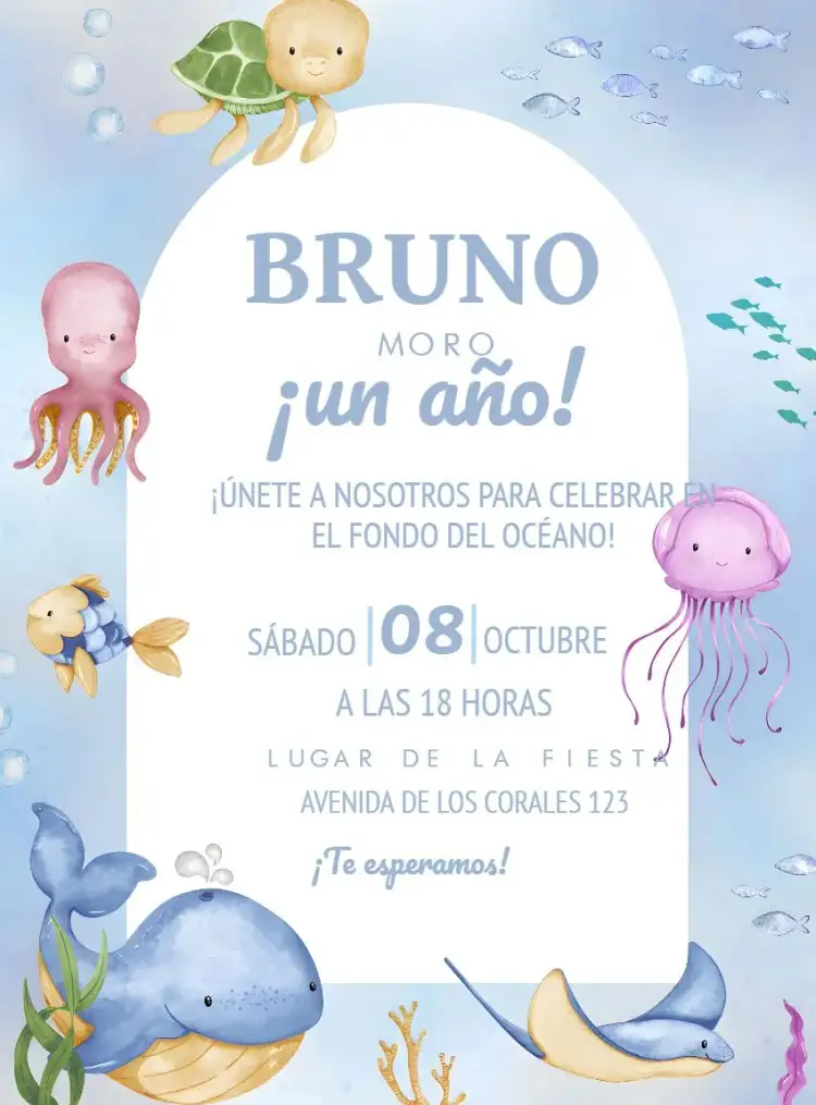 Invitación Fondo Del Mar Acuarela Peces – tema Cumpleaños Infantil acuarela, marino, colorido, temático, divertido, infantil
