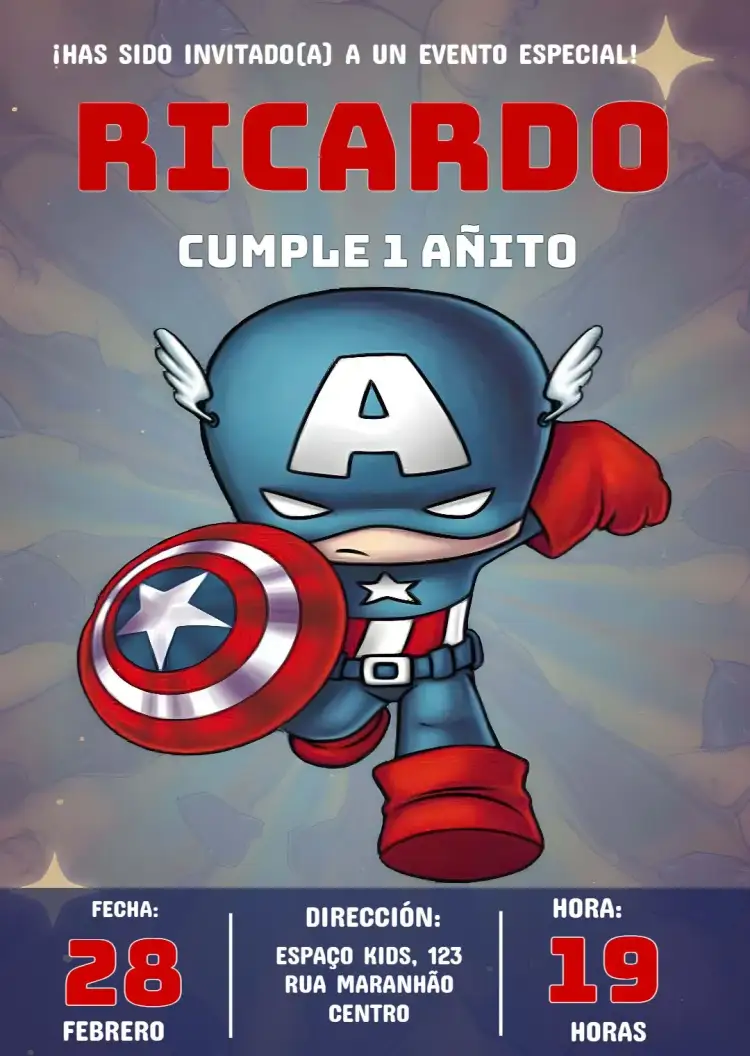 Invitación Capitán América Baby – tema Cumpleaños Infantil superhéroes, colorido, aventura, juvenil, divertido