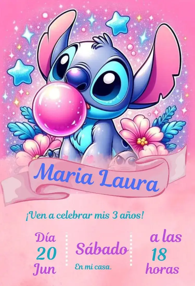 Invitación Stitch – tema Cumpleaños Infantil divertido, colorido, lúdico, moderno, inspirado en dibujos, temática Disney