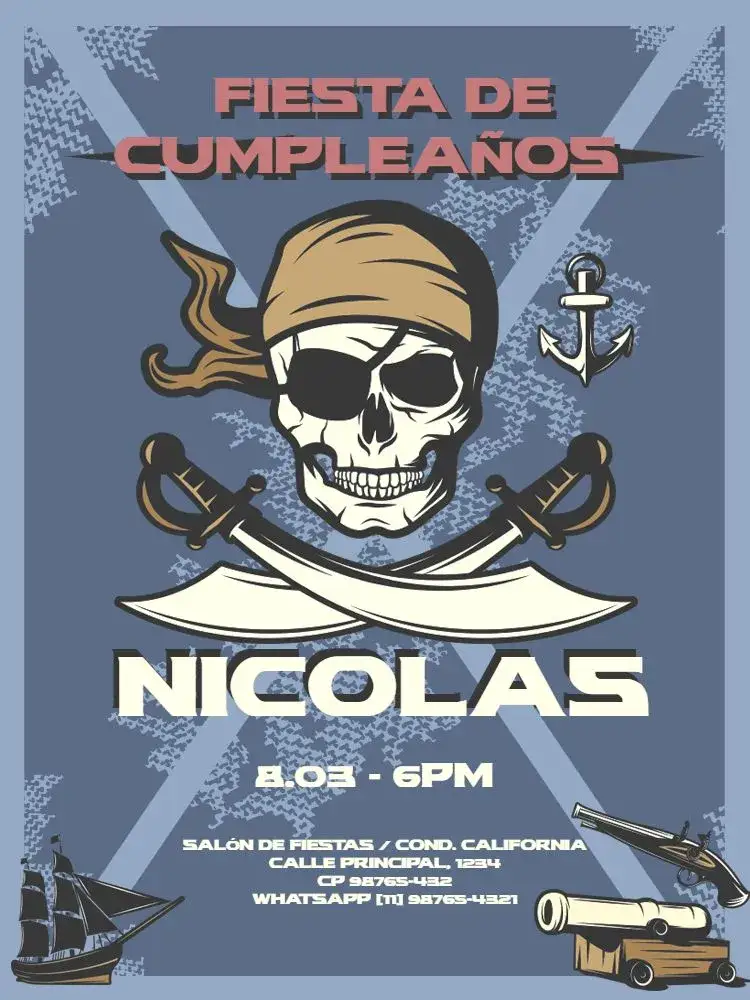 Invitación Del Encuentro del Pirata Azul – tema Cumpleaños Infantil pirata, azul oscuro, aventura, mar, caveira, barco