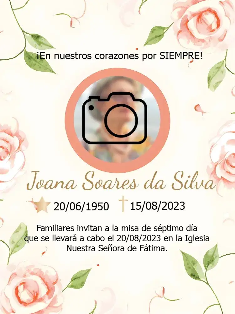 Invitación Misa De Séptimo Día Con Foto Iglesia – tema Fechas Conmemorativas rosa, dorado, blanco, floral, minimalista, elegante