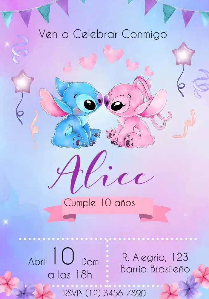 Invitación Stitch Y Angel Rosa – tema Más buscados lila, rosa, divertido, infantil, colorido, temático