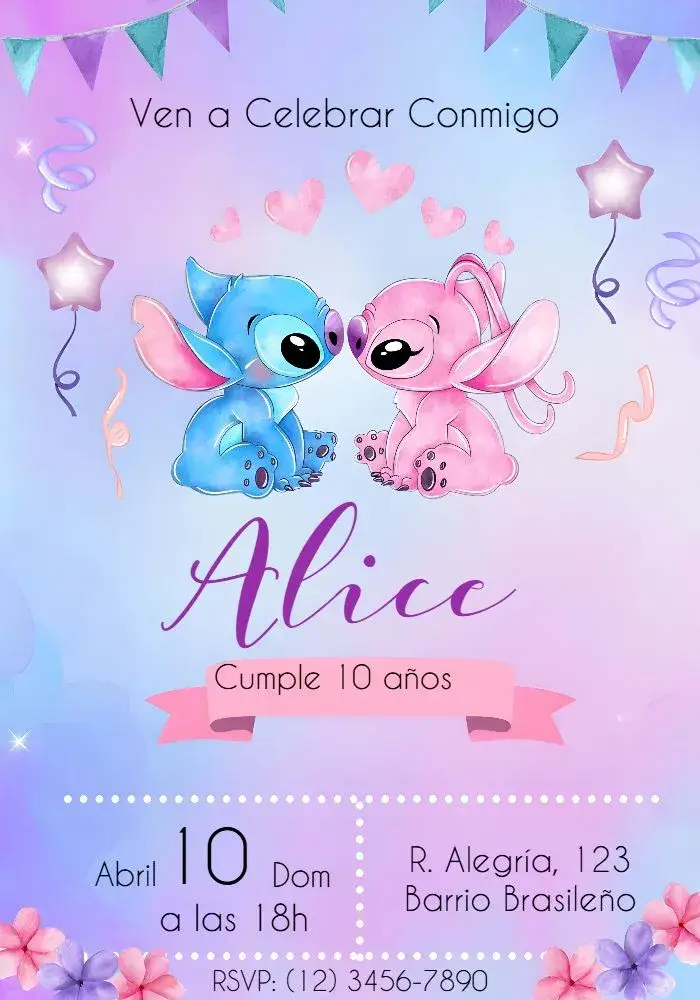 Invitación Stitch Y Angel Rosa