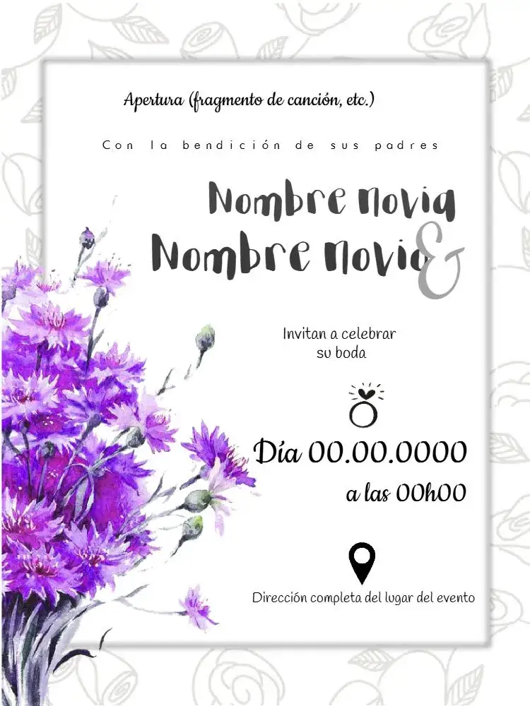 Invitación Boda Flores Moradas Moderno – tema Boda moderno, elegante, flores moradas, minimalista, delicado