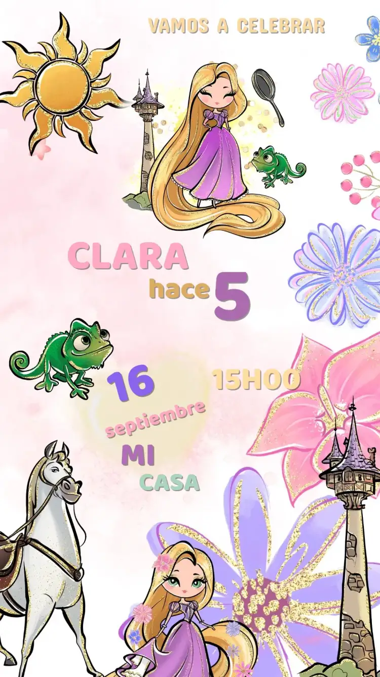Invitación Invitación Digital Enredados Infantil Editable y Personalizada – tema Cumpleaños Infantil colores pasteles, estilo lúdico, elementos de cuento de hadas, ilustraciones de princesas, detalles florales, toques dorados