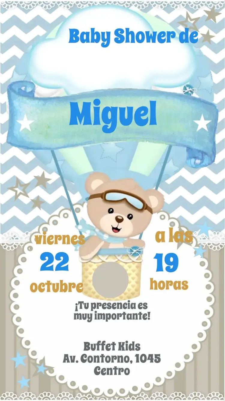Invitación Baby Shower – tema Baby Shower colorido, lindo, blanco y azul, animales, nubes, pastel