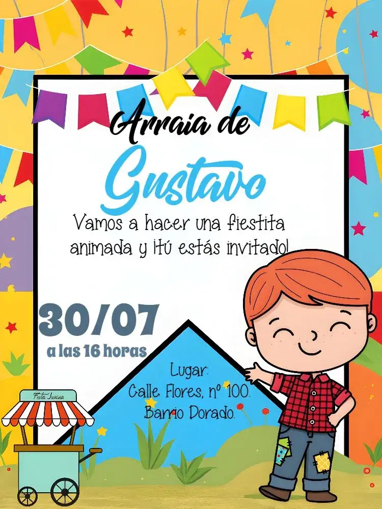 Invitación Arraiá Festa Junina João – tema Fechas Conmemorativas animado, colorido, temática junina, festivo, divertido