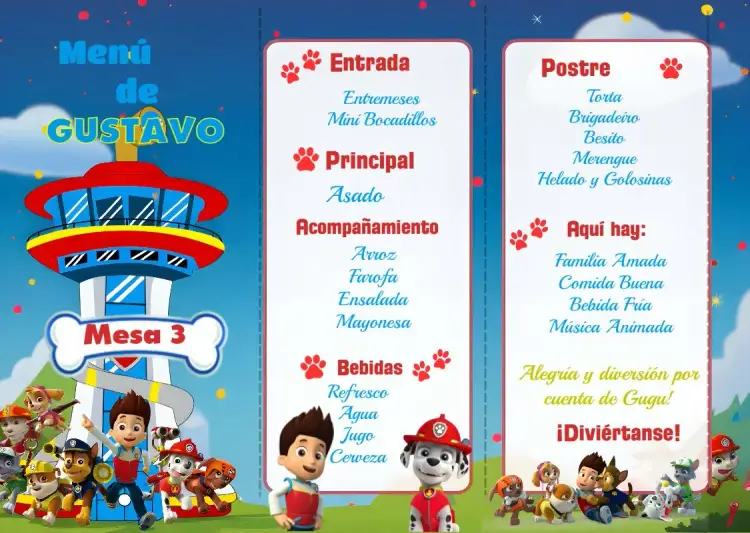 Invitación Menú Triángulo Patrulla Canina Chase