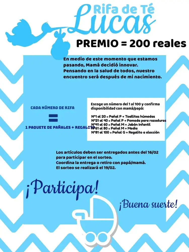 Invitación Té Rifa Cigüeña Números – tema Té Rifa azul, blanco, negro, moderno, divertido, infantil