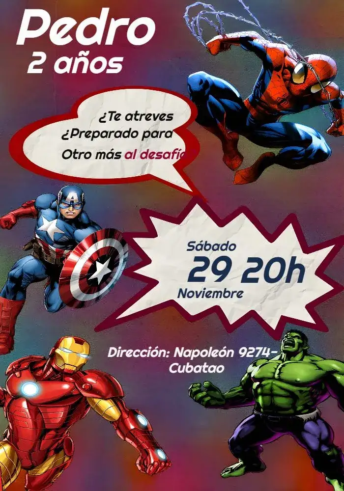 Invitación Héroes Marvel Infantil – tema Más buscados colorido, futurista, superhéroes, vibrante, divertido