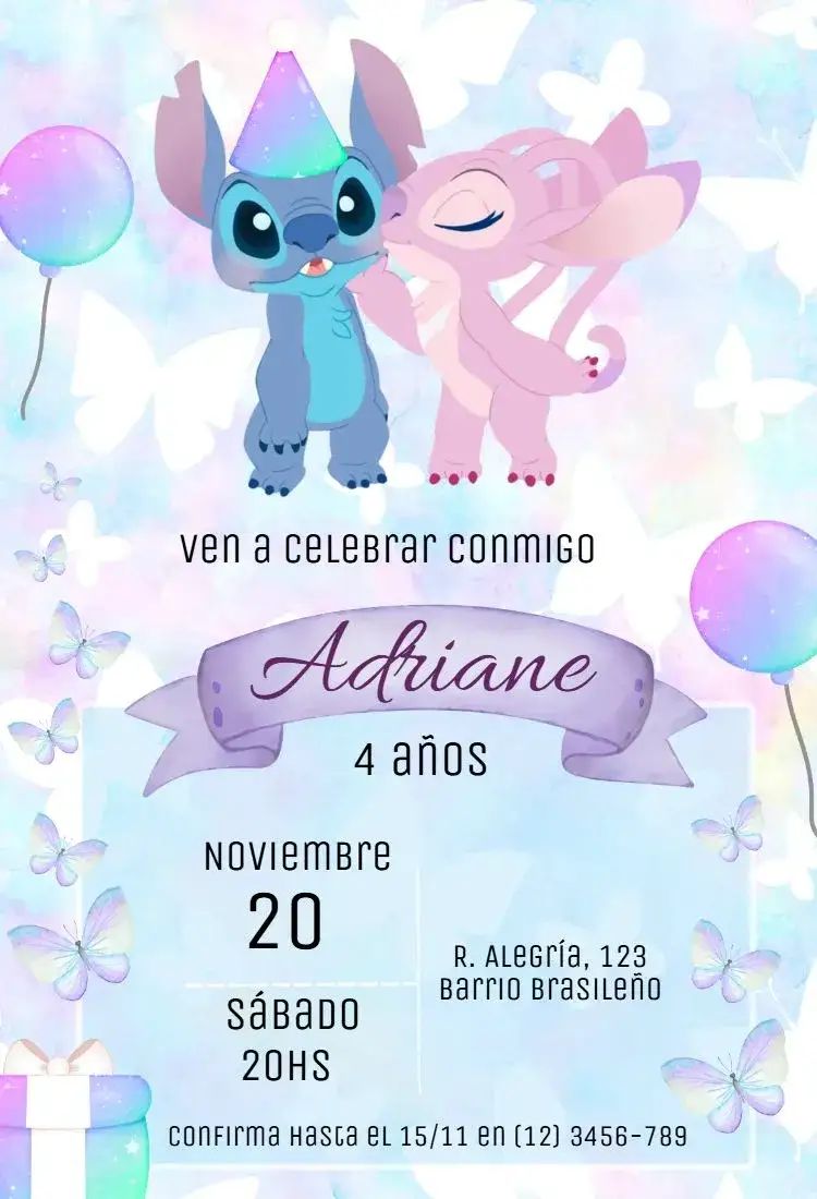 Invitación Stitch y Angel – tema Cumpleaños Infantil colorido, divertido, tropical, temático, animado, infantil