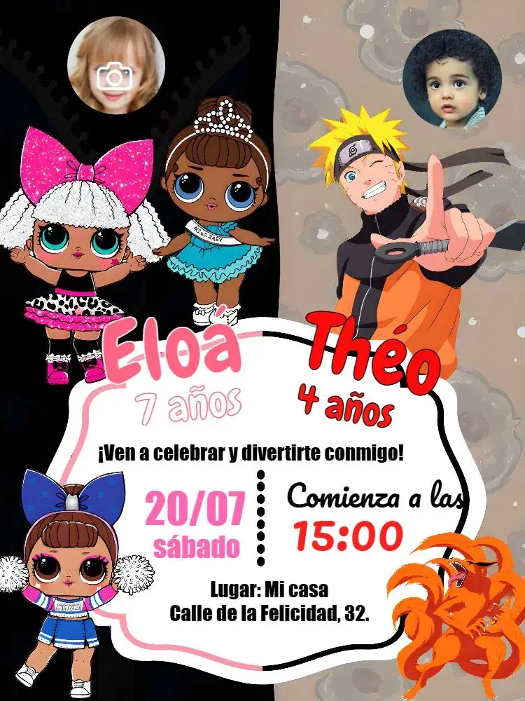 Invitación Doble Lol Surprise Y Naruto Con Foto Dos