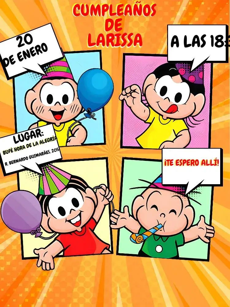 Invitación Turma Da Mónica Cómics Naranja – tema Cumpleaños Infantil vibrante, colorido, infantil, divertido, quadrinhos, temático