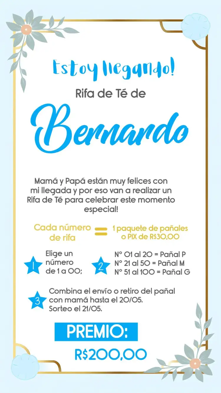 Invitación Té Rifa Tendedero De Ropa Corazón – tema Té Rifa azul, dorado, corazón, varal de ropita, infantil, delicado