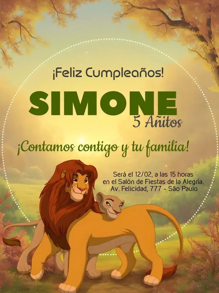 Invitación Rey León Simba – tema Cumpleaños Infantil temática de El Rey León, colores vibrantes, diseño lúdico, elementos gráficos de safari, estilo divertido, toques femeninos