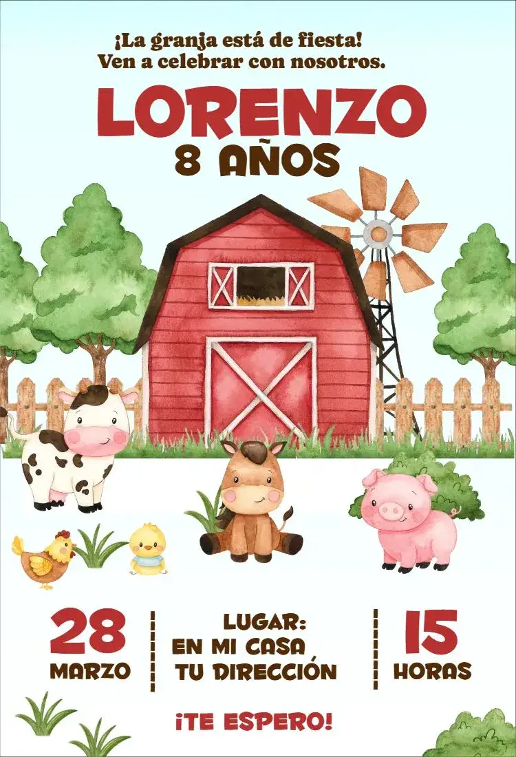 Invitación Granja 2 – tema Cumpleaños acuarela, animales, tonos suaves, tema de granja, estilo lúdico