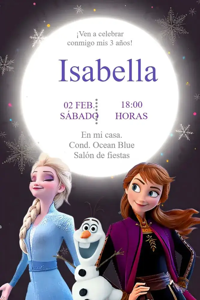 Invitación Frozen Olaf – tema Más buscados azul, lila, morado, temático, mágico, infantil