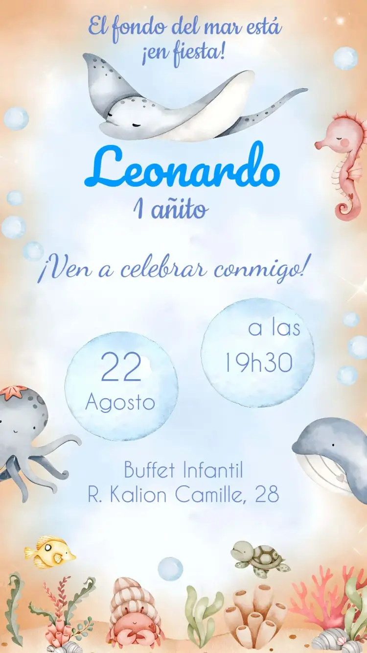 Invitación Fondo Del Mar Acuarela Azul