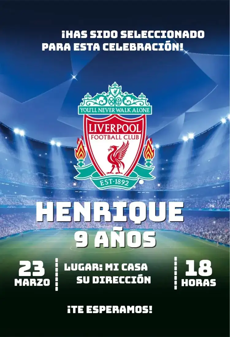 Invitación Liverpool 4 – tema Cumpleaños fútbol, moderno, colorido, deportivo, animado, temático