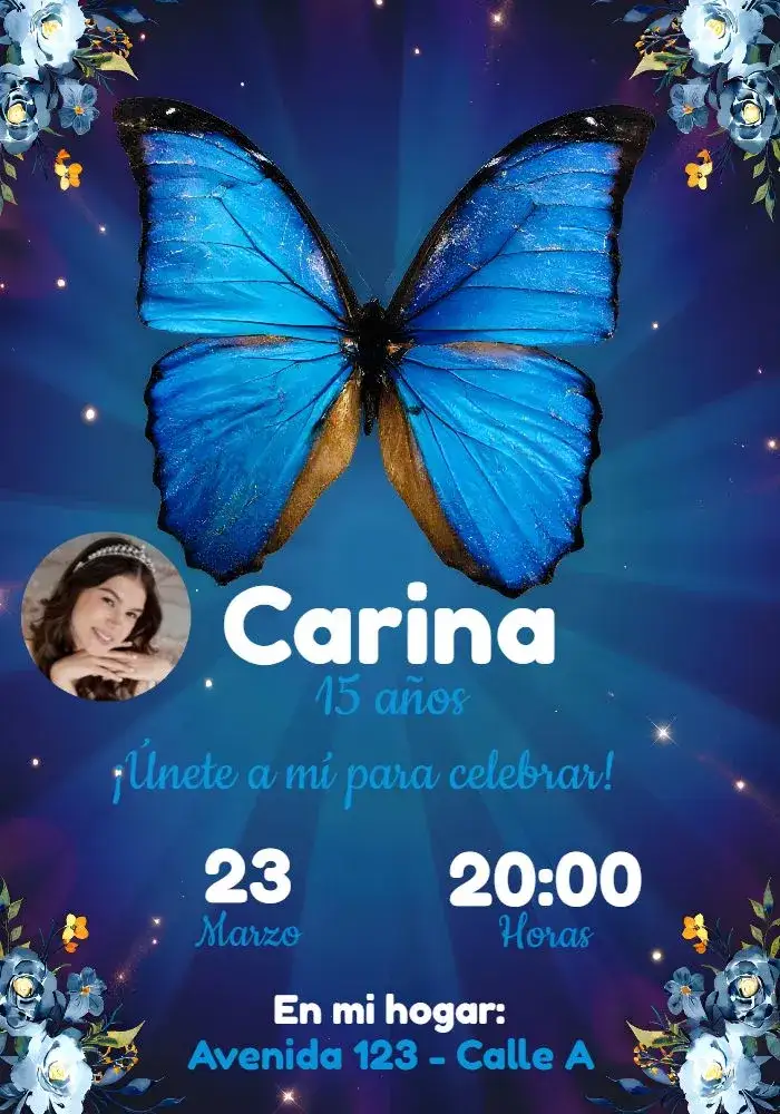 Invitación Mariposa Azul Con Foto Fiesta – tema Cumpleaños floral, acuarela, delicado, moderno, colorido, elegante