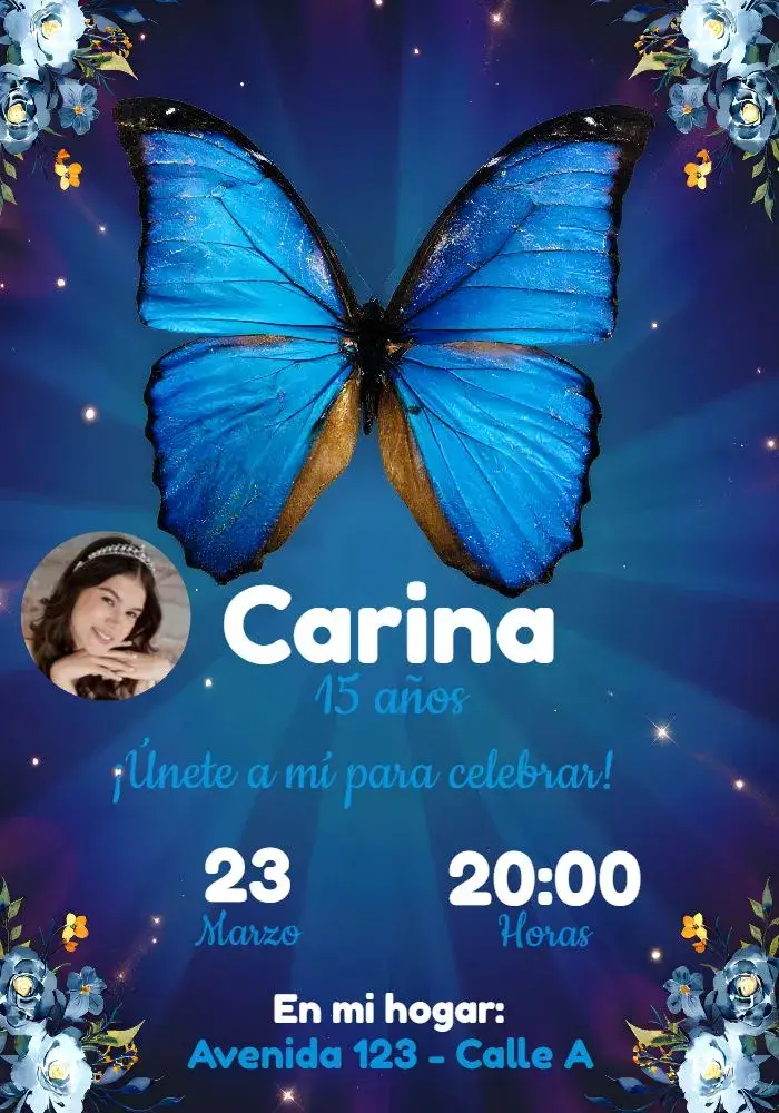Invitación Mariposa Azul Con Foto Fiesta