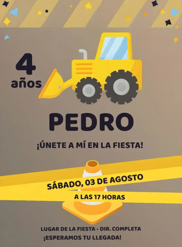Invitación Construcción Excavadora Tractor Camión – tema Té Rifa construcción, infantil, vibrante, divertido, temático, colorido