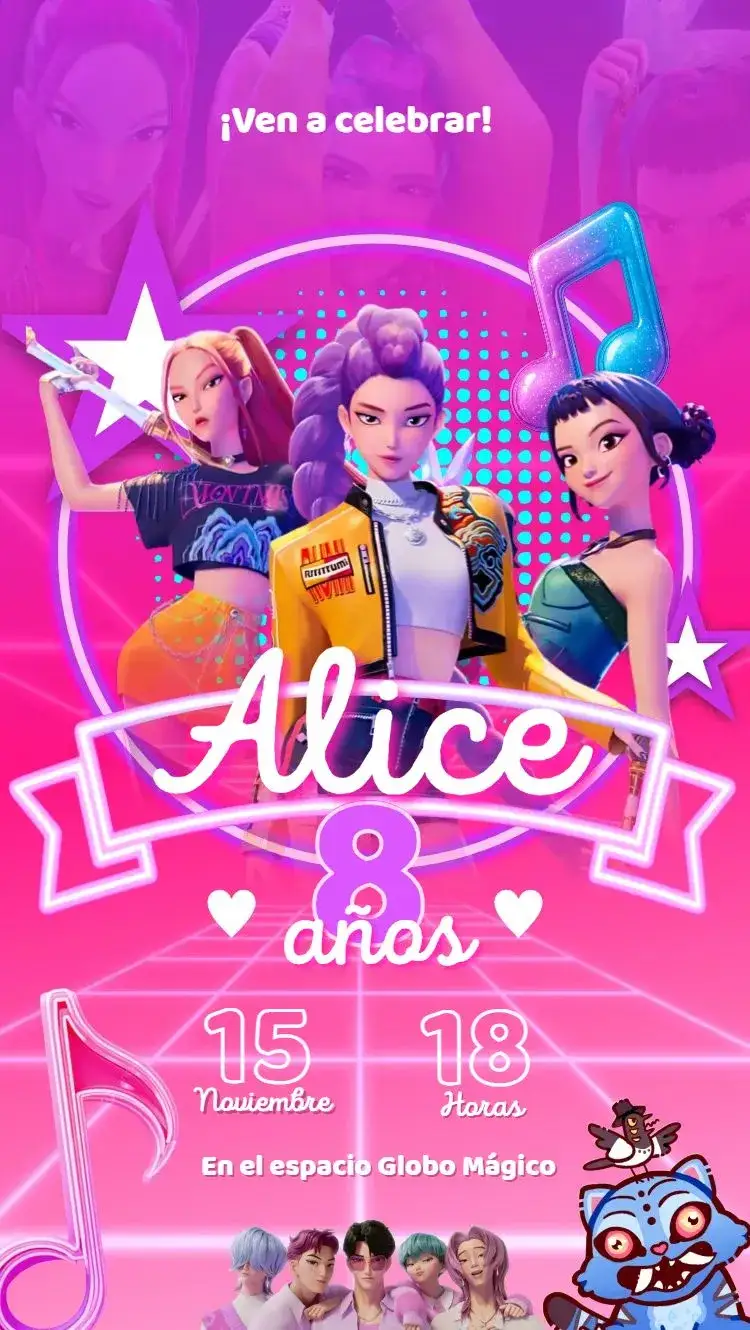 Invitación Guerreras del Kpop – tema Cumpleaños Infantil neón, K-pop, rosa y lila, mascota felina, femenino, moderno