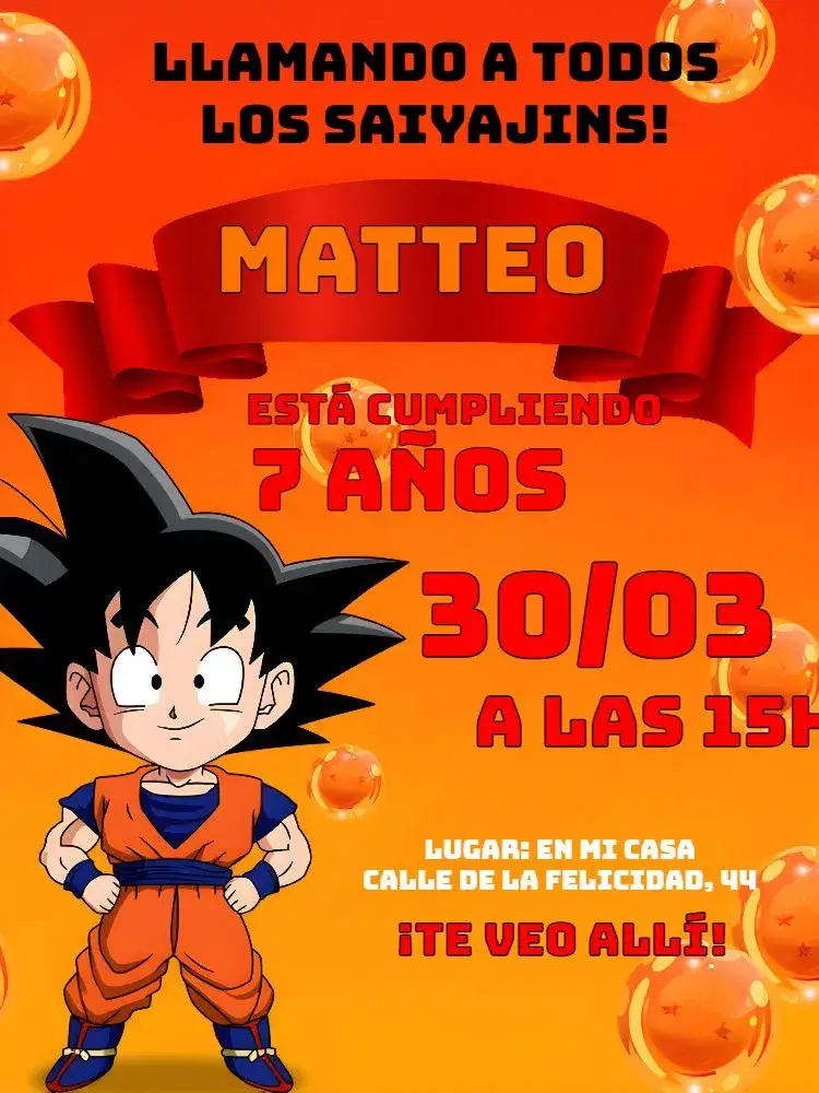 Invitación Dragon Ball Goku Dragón editable y personalizable