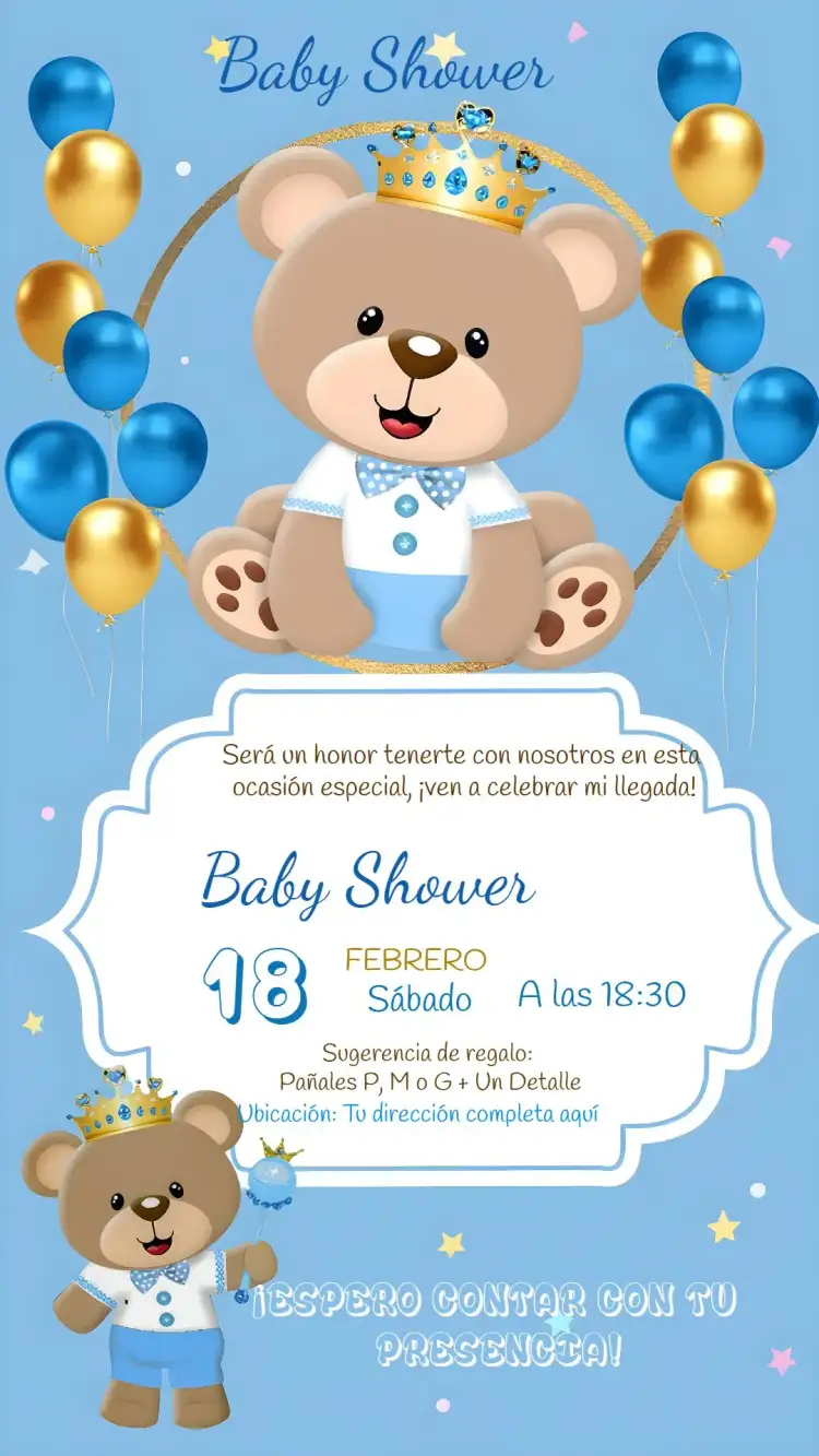 Invitación Para Baby Shower Oso Príncipe Azul – tema Baby Shower azul, dorado, realeza, infantil, divertido, elegante