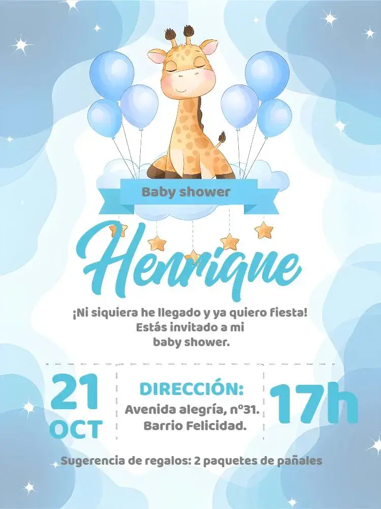Invitación Baby Shower Giraffe Theme – tema Baby Shower safari, azul y blanco, ilustraciones de animales, moderno, infantil, juguetón