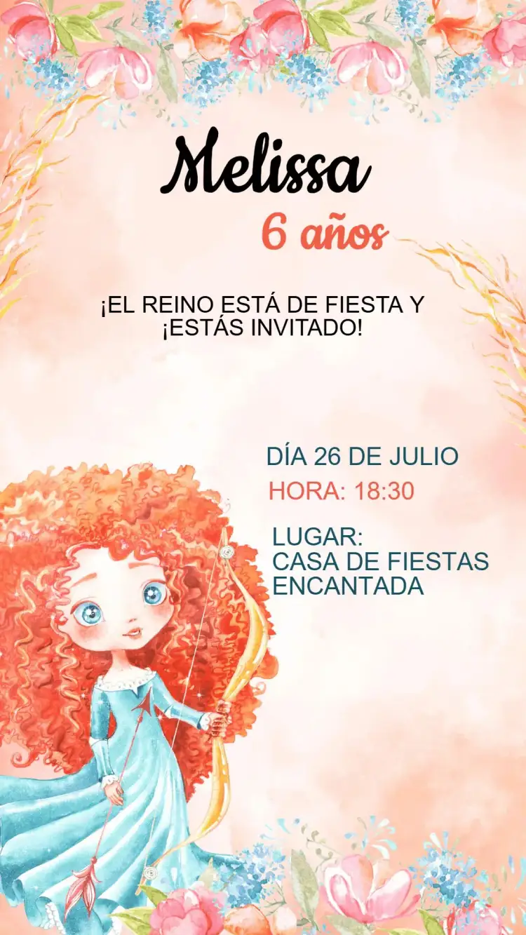 Invitación Invitación Cumpleaños Princesa Merida Valiente – tema Cumpleaños Infantil colores vibrantes, acuarela, elementos de aventura, estilo cuento de hadas, diseño moderno, ilustraciones infantiles