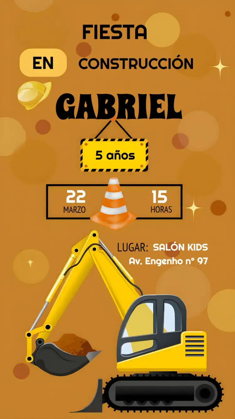 Invitación Construcción Infantil – tema Té Rifa construcción, infantil, amarillo, divertido, lúdico, temático