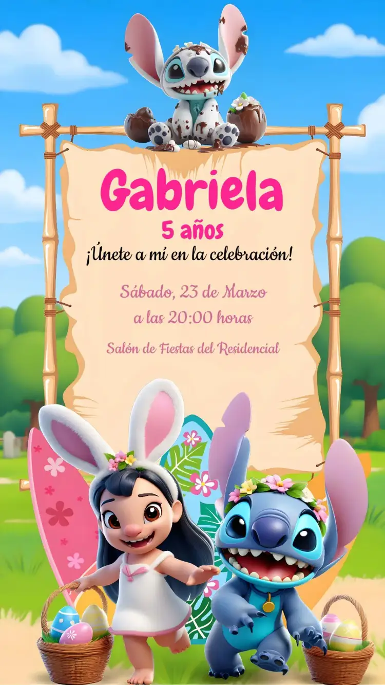 Invitación Lilo y Stitch Pascua Colorido – tema Fechas Conmemorativas colorido, divertido, temática Disney, ilustraciones infantiles, vibrante