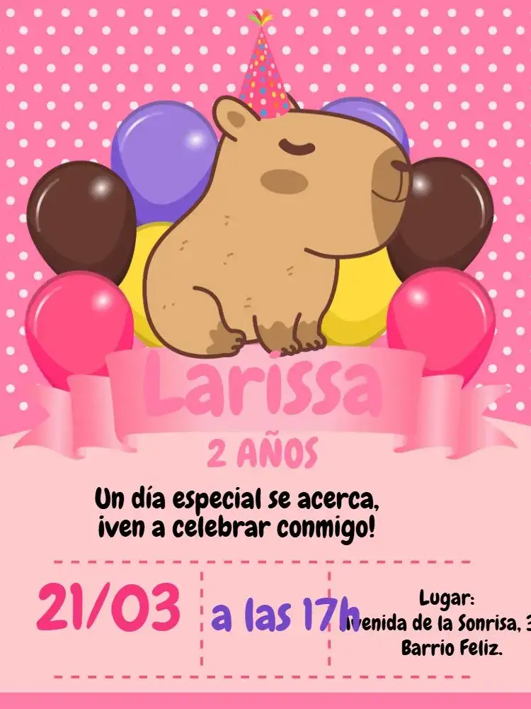 Invitación Capibara Rosa Niña Capibara – tema Cumpleaños Infantil colores pastel, ilustraciones divertidas, estilo lúdico, elementos naturales, diseño moderno, temática animal
