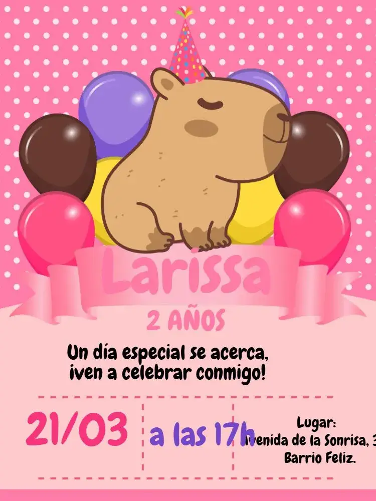 Invitación Capibara Rosa Niña Capibara