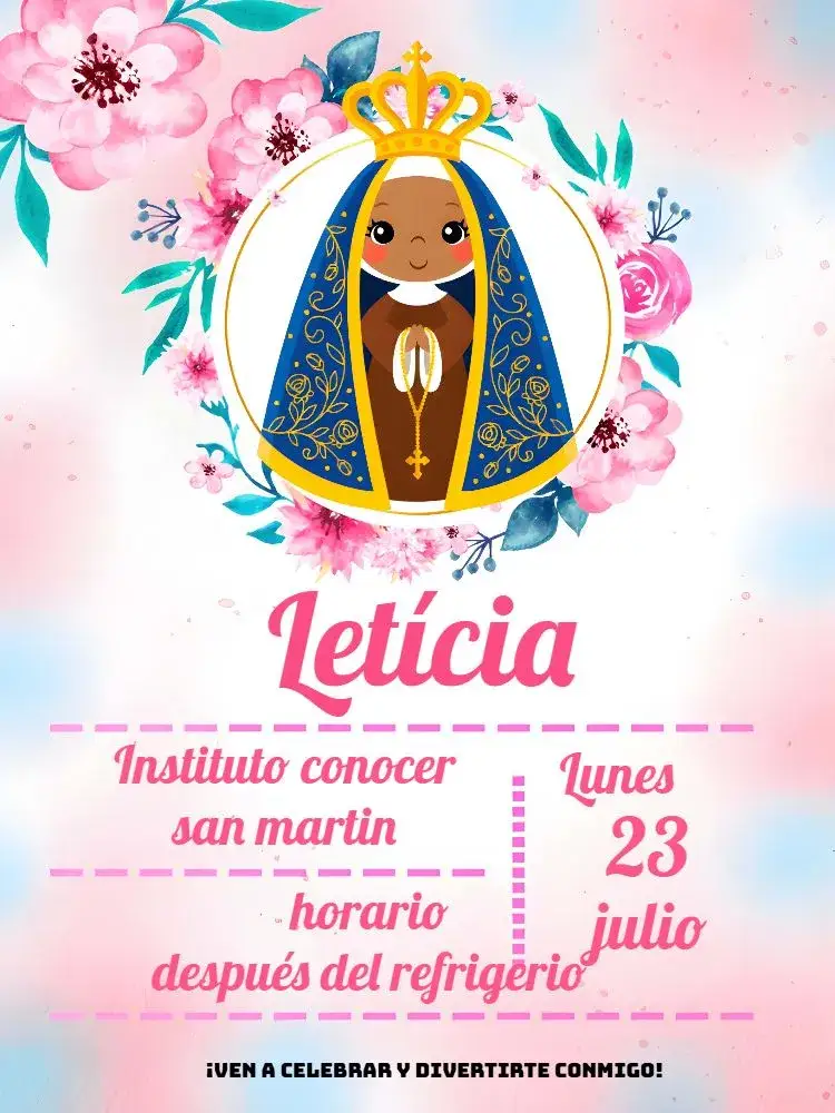 Invitación Nuestra Señora Escuela – tema Bautismo rosa, delicado, religioso, infantil, floral, moderno