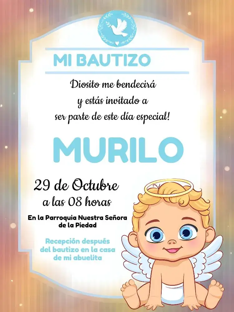 Invitación Bautizo Angelito Rubio – tema Bautismo azul claro, blanco, angelitos, infantil, delicado
