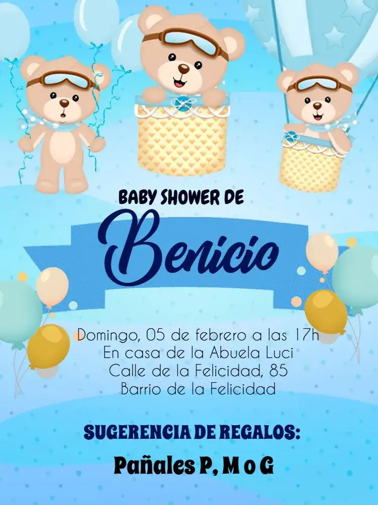 Invitación Baby Shower Osito Globos Fiesta – tema Baby Shower lindo, colorido, ilustración de osito, globos festivos, estilo infantil, diseño alegre