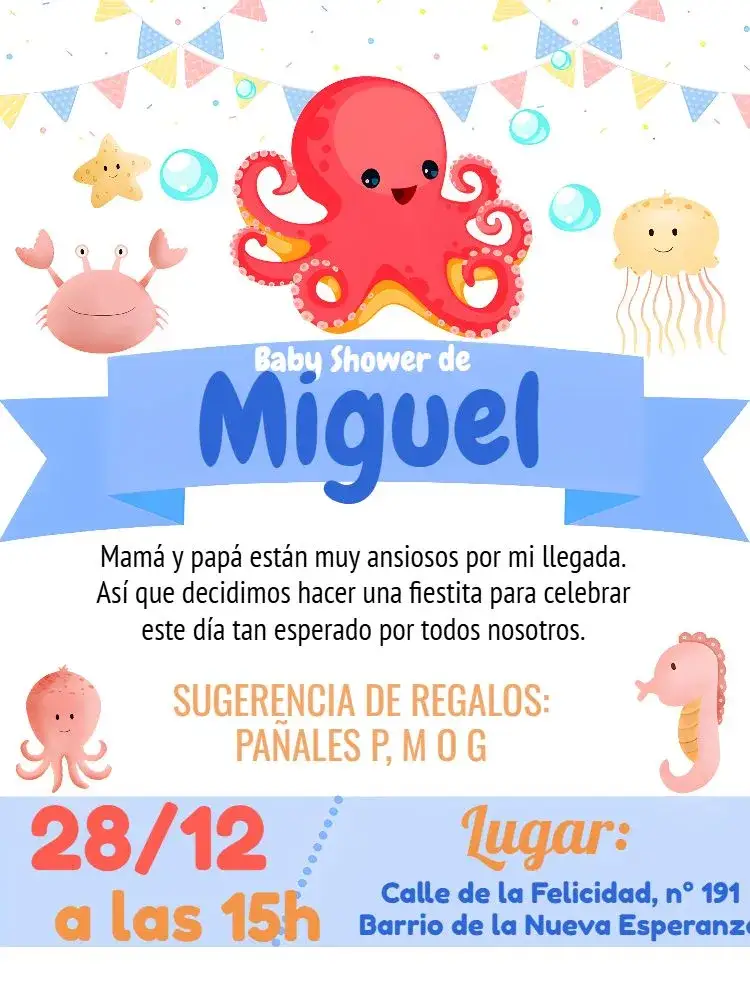 Invitación Baby Shower Temática Marina – tema Cumpleaños Infantil fondo marino, colorido, lúdico, marino, divertido, temático