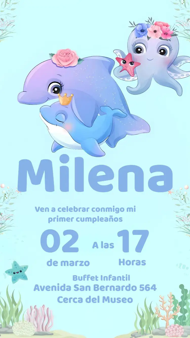 Invitación Fondo Del Mar Azul – tema Cumpleaños Infantil azul marino, delicado, colorido, infantil, aguamarina, blanco y azul
