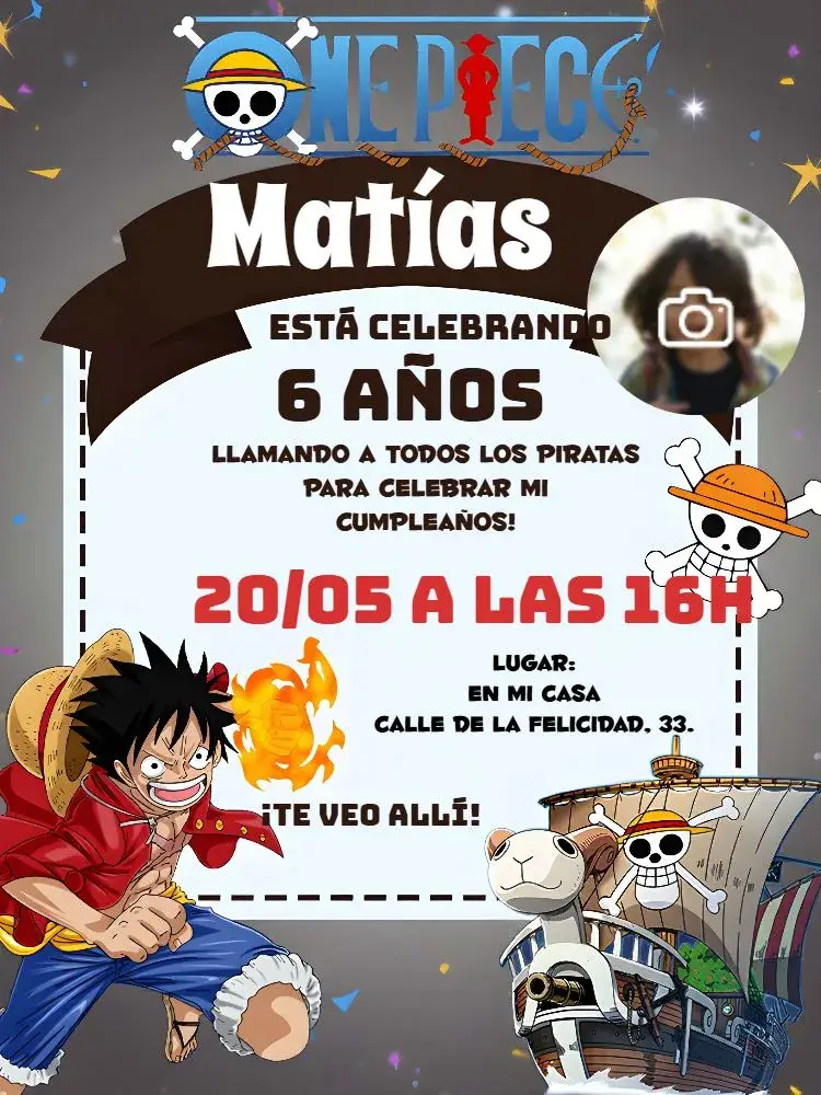 Invitación One Piece Luffy Con Foto Monkey