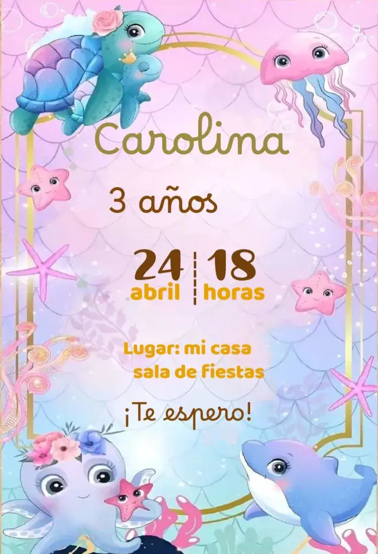 Invitación Fondo Del Mar Para Editar Chica – tema Cumpleaños Infantil colorido, marino, lúdico, divertido, tropical, fantástico