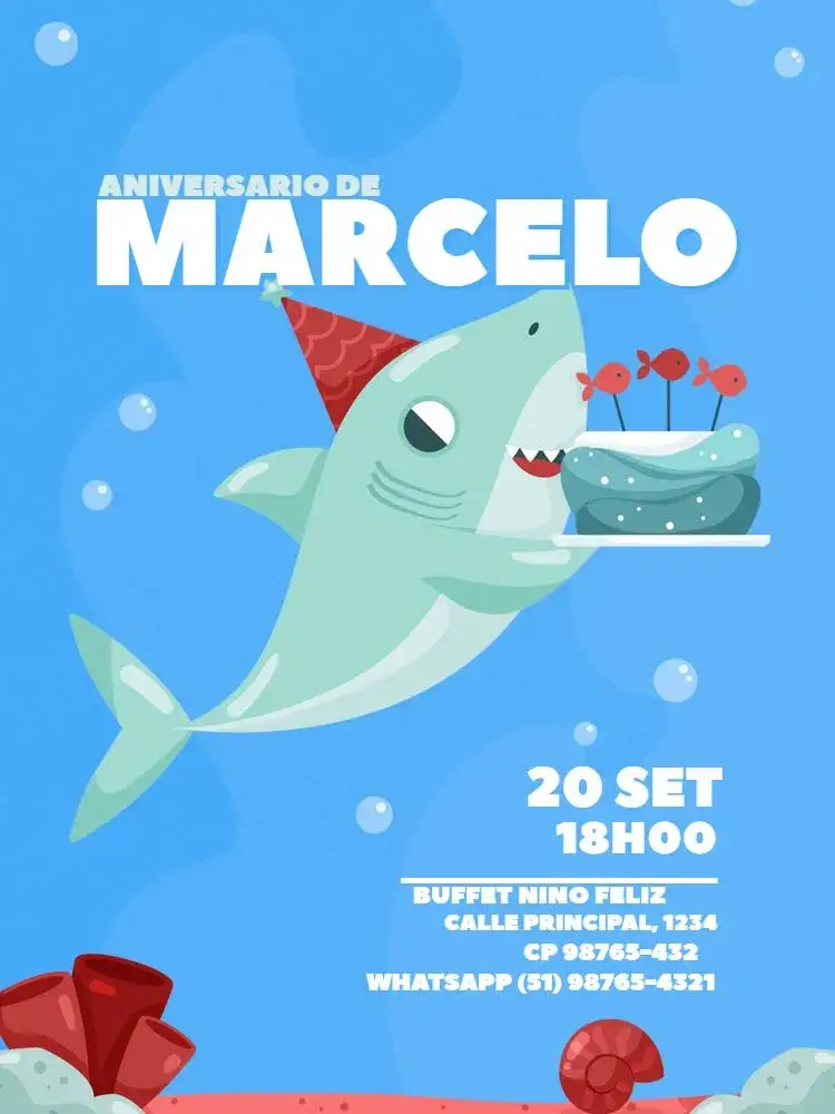 Invitación Fiesta Digital Tiburón – tema Cumpleaños Infantil fondo marino, diversión infantil, colores claros, elementos gráficos marinos, estilo alegre, temática acuática
