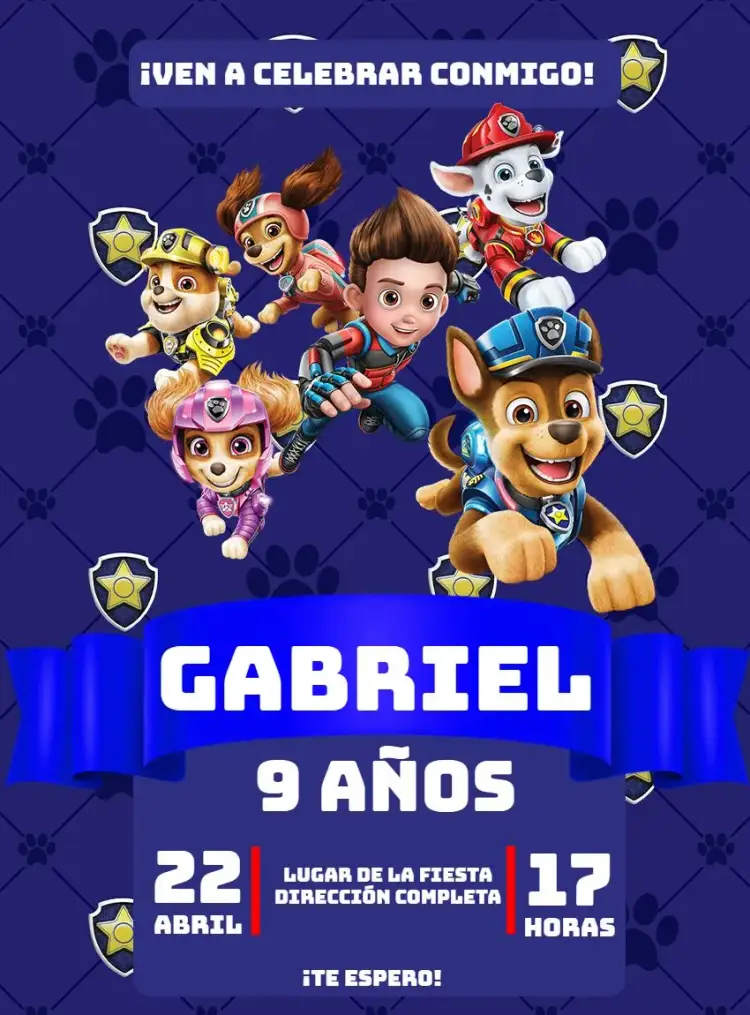 Invitación Patrulla Canina Azul – tema Cumpleaños Infantil azul, divertido, infantil, moderno, temático, colorido