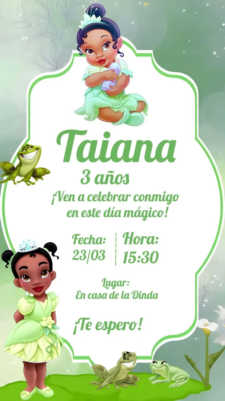 Invitación Princesa Tiana Baby Brancas – tema Más buscados floral, colorido, brillo suave, infantil, temático de Disney, delicado