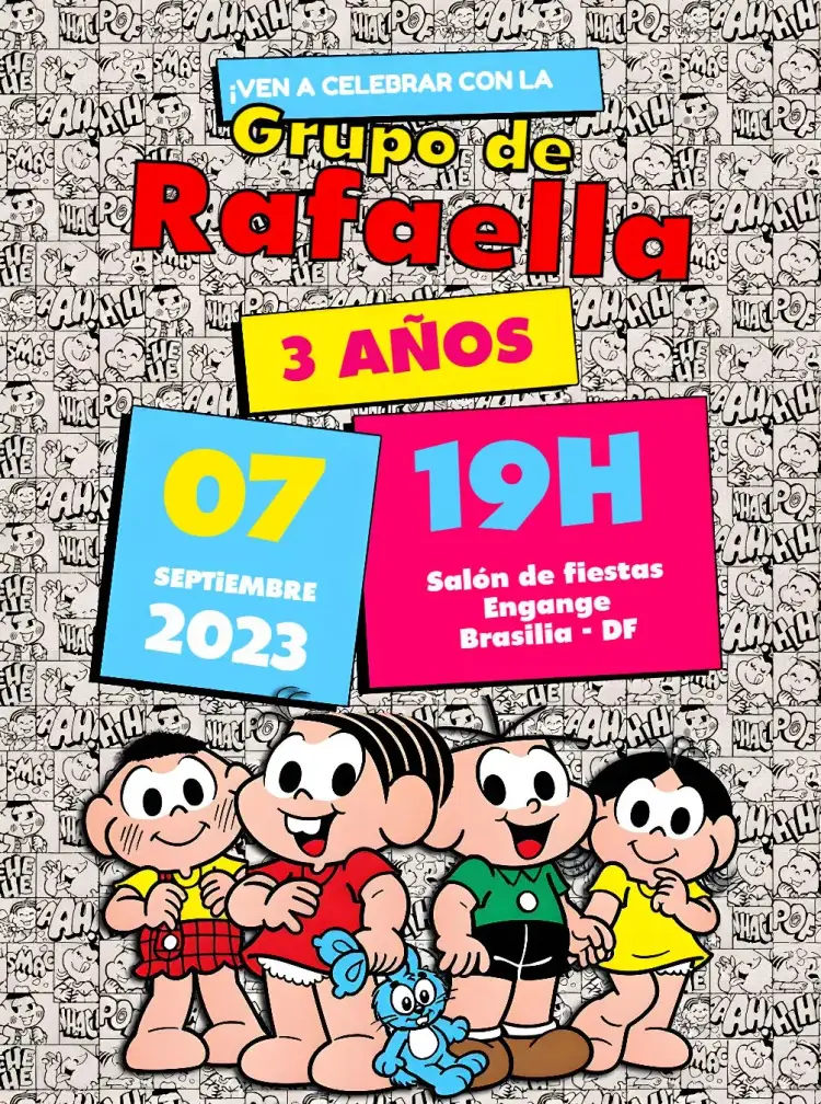 Invitación Turma Da Mónica Cebolinha – tema Cumpleaños Infantil colorido, caricatura, divertido, infantil, juguetón