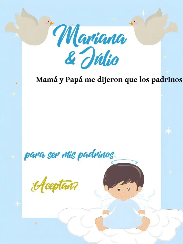 Invitación Padrinos De Bautismo Religión – tema Bautismo azul, blanco, dorado, religioso, angelical, infantil