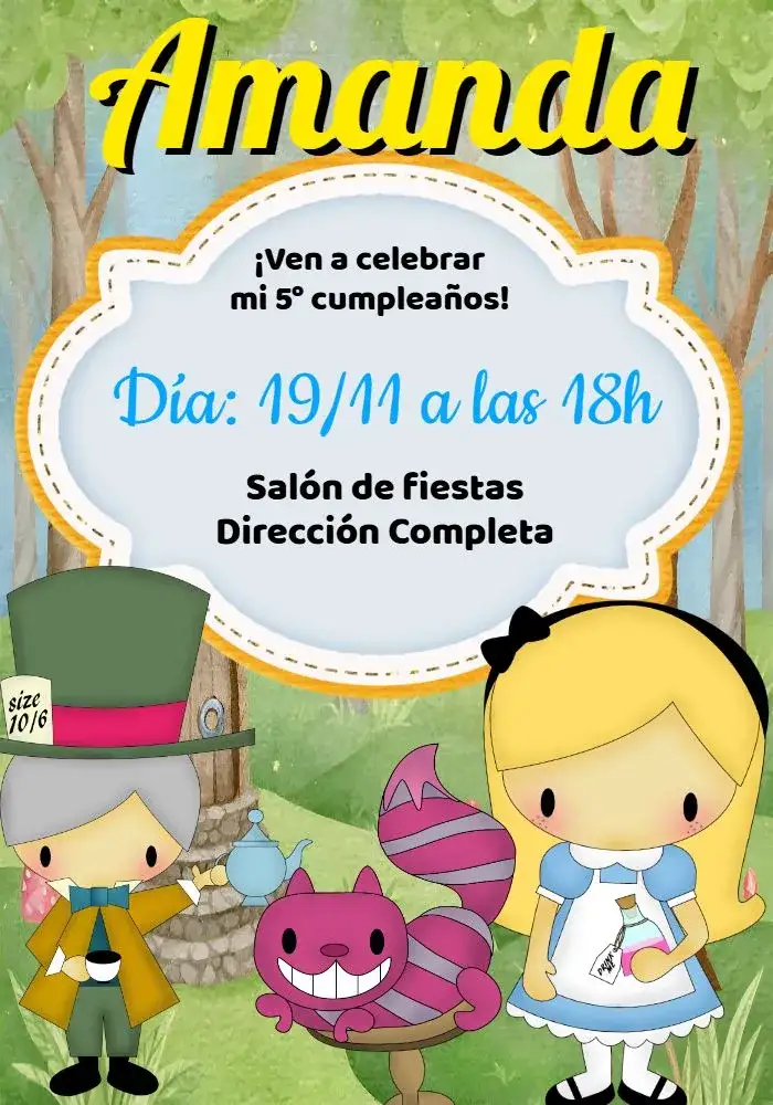 Invitación Alicia En El País De Las Maravillas Amarillo – tema Fechas Conmemorativas colorido, fantasía, ilustraciones infantiles, estilo lúdico, vintage, divertido